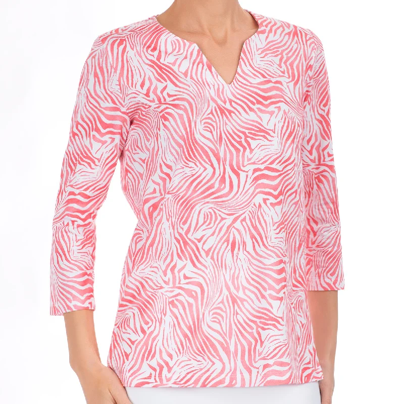 Special Discount Split Neck Tunic in Coral Zebra Waves
