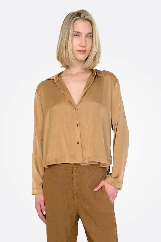 Weekend Deals That Dazzle Long Sleeve Stretch Silk Satin Shirt - Rust