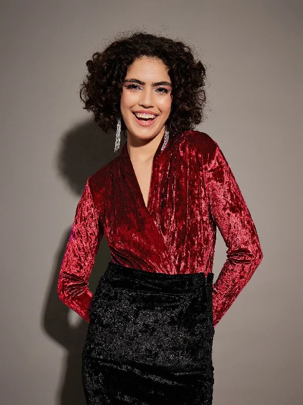 Weekend Discounts to Grab Women Maroon Velvet Front Wrap Bodysuit