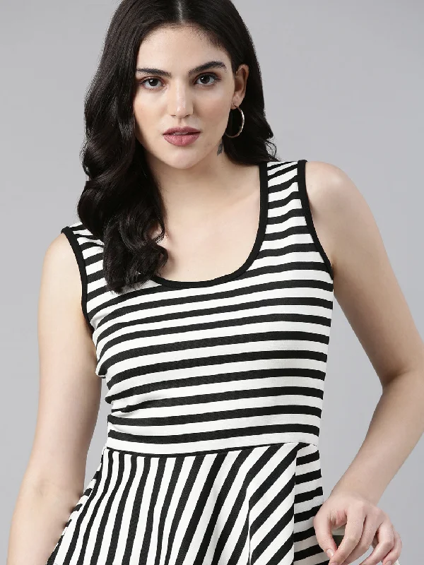 Weekend Savings Spectacular Scoop Neck Striped Sleeveless Peplum Black Top