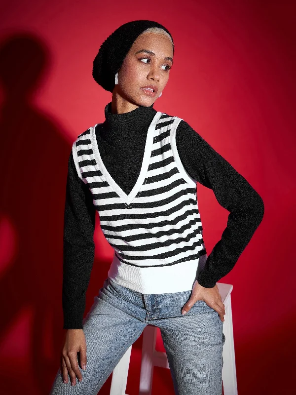 Quick Sale Women Black & White Striped V-Neck Sleeveless Sweater