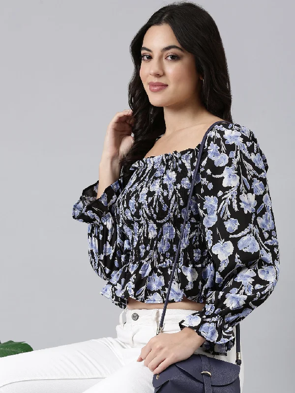 Unwind with Weekend Discounts Women Floral Peplum Black Crop Top