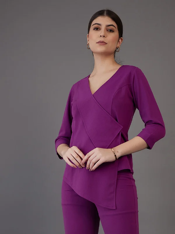 Weekend Savings Bonanza Women Purple Wrap Neck Asymmetric Top
