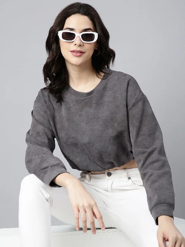 Weekend Specials to Savor Women Solid Grey Blouson Drop Shoulder Crop Top