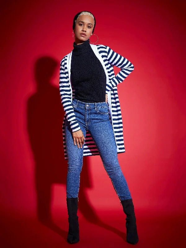 Half Price Women Navy & White Striped Front Open Sweater