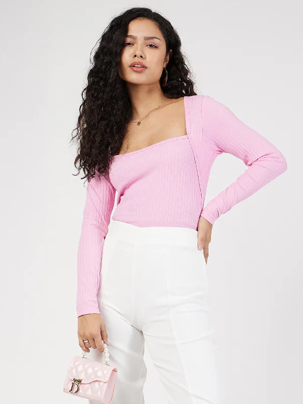 Weekend Savings Extravaganza Women Pink Rib Square Neck Full Sleeves Top