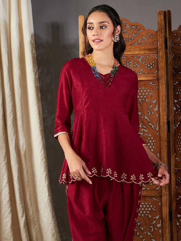 Take Advantage Women Maroon Zari Embroidered Peplum Top