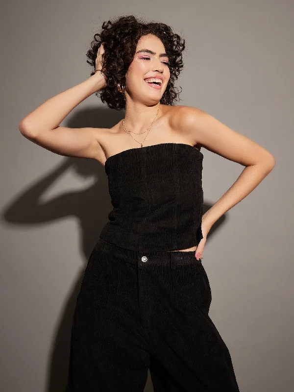 Unwind with Weekend Discounts Women Black Corduroy Off Shoulder Crop Top