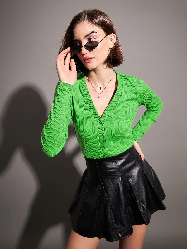 Weekend Specials to Snag Women Green Rib Front Open Cardigan Top
