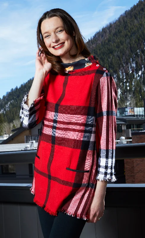 Weekend Savings Sensation Aspen Cowl Neck Tunic With Fringe And Button Neck In Red Yarndyed Flannel Plaid