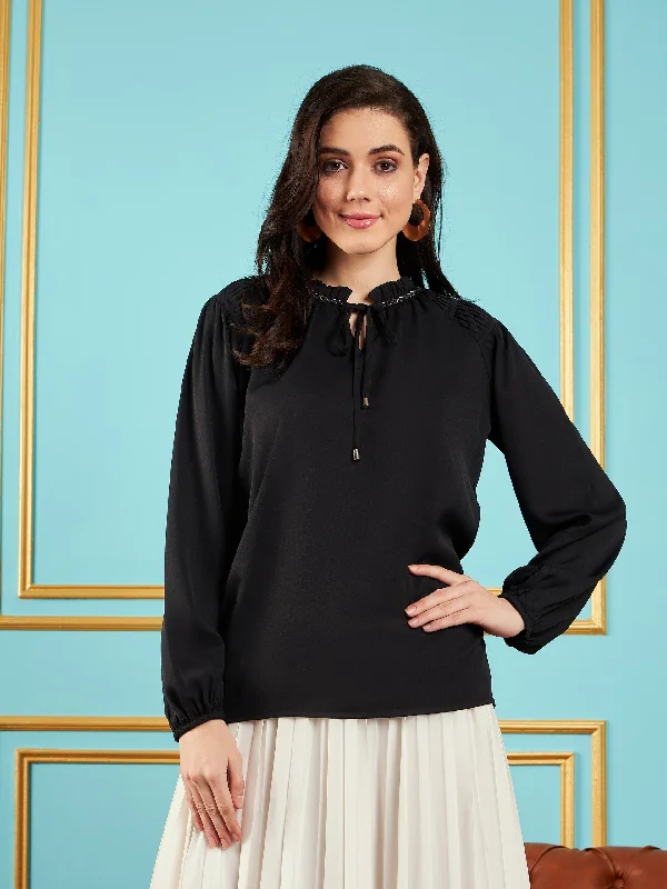 The Best Deal Women Black Puff Sleeves Embellished Top