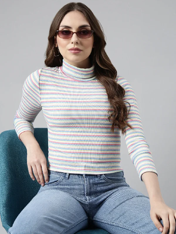 Weekend Bargains to Celebrate Women Sea Green Horizontal Stripes Fitted Crop Top