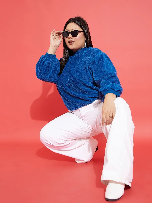 Unbeatable Deal Women Royal Blue Fleece Fur High Neck Sweatshirt