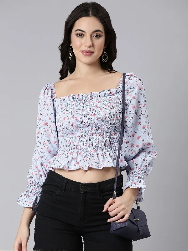 Make Your Weekend Count with Savings Women Floral Peplum Blue Crop Top