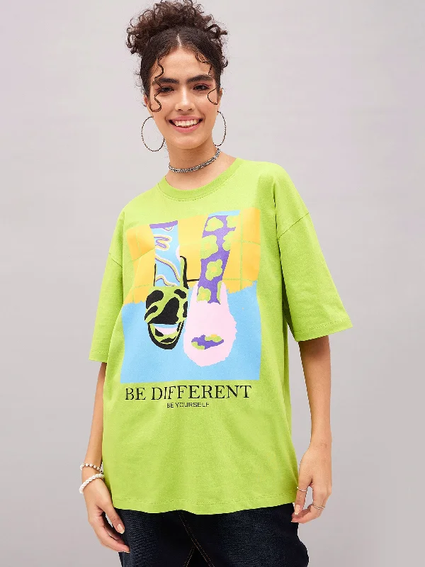 Savings Galore Women Green Be Different Oversized T-shirt