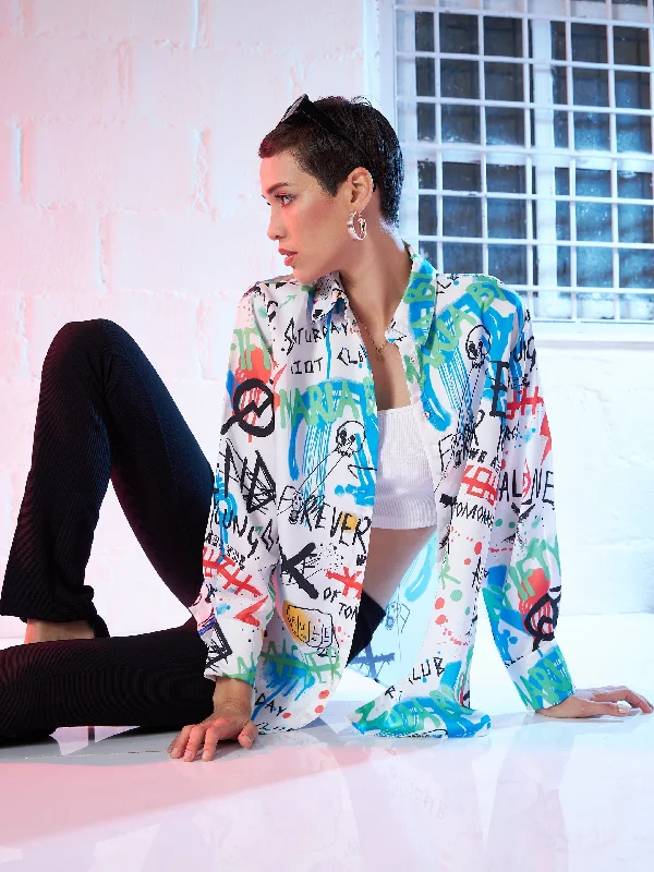 Weekend Discounts Worth Grabbing Women White Satin Abstract Print Oversized Shirt