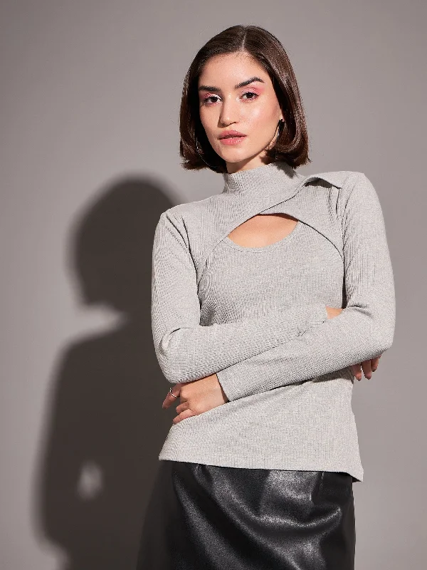 Weekend Price Cuts Galore Women Grey Rib Moon Cut Top
