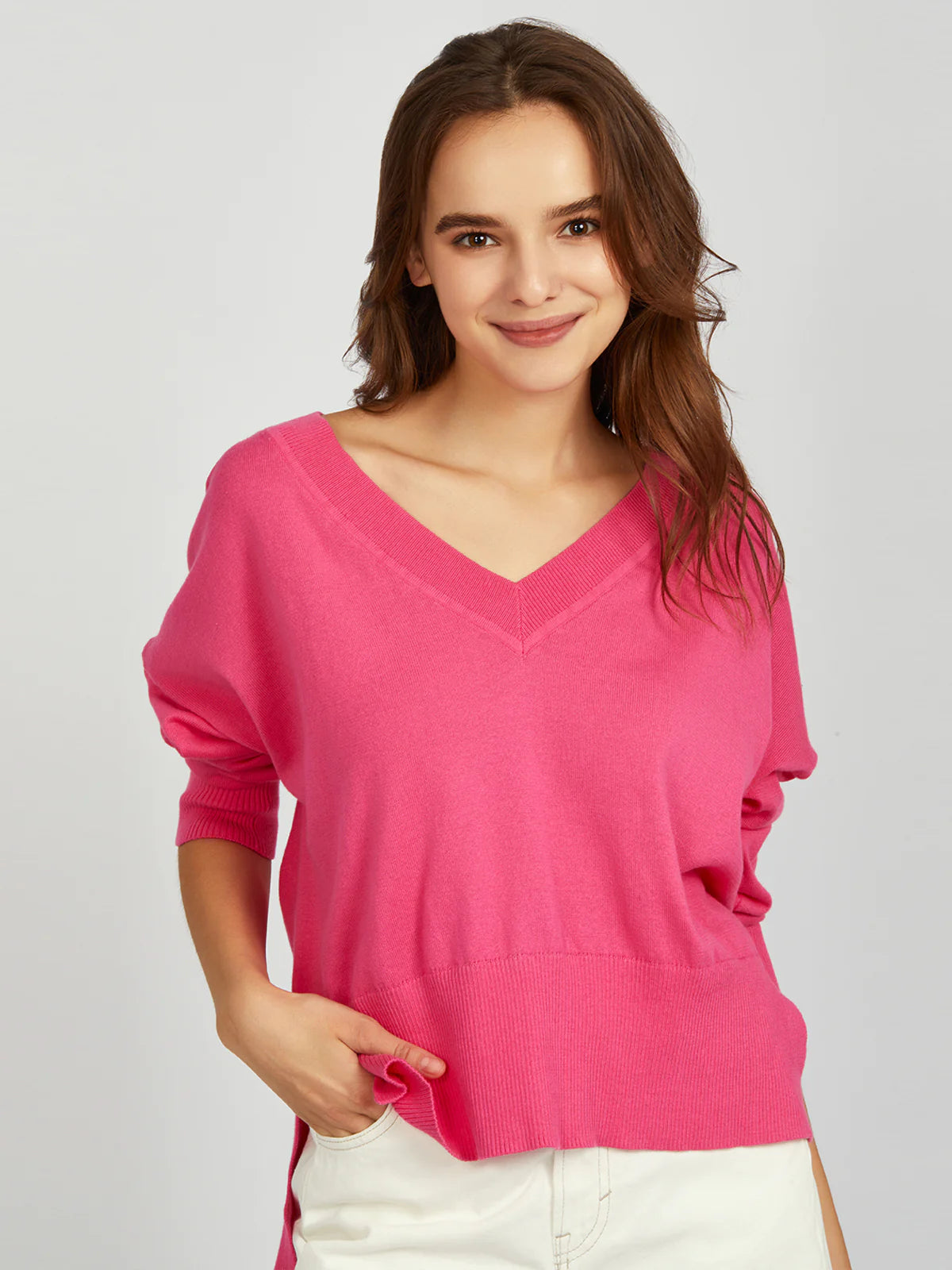 Weekend Discounts to Celebrate Noor Oversized V Neck Pullover - Shocking Pink