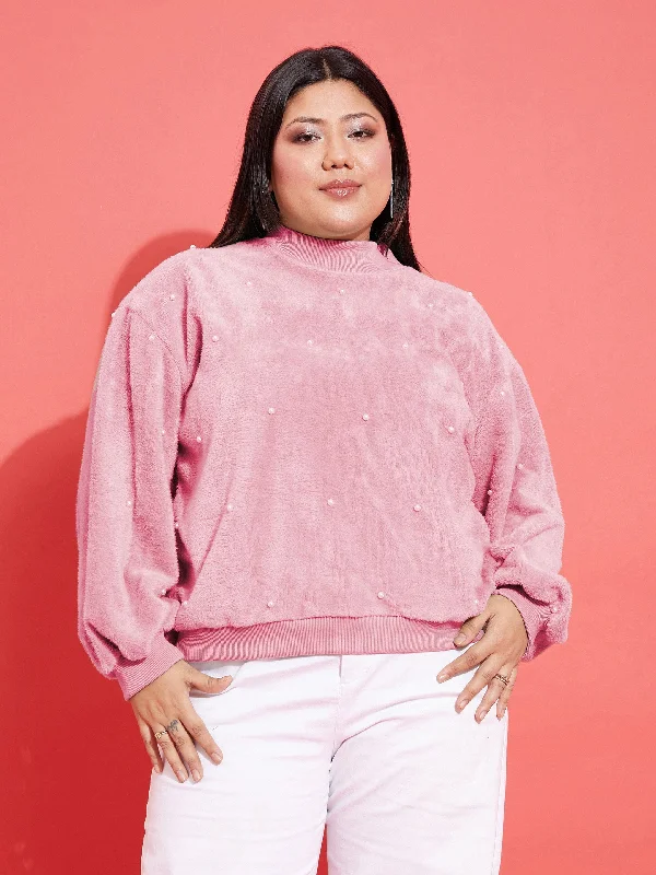 Time-Limited Offer Women Pink Fleece Fur Pearl Detail Sweatshirt
