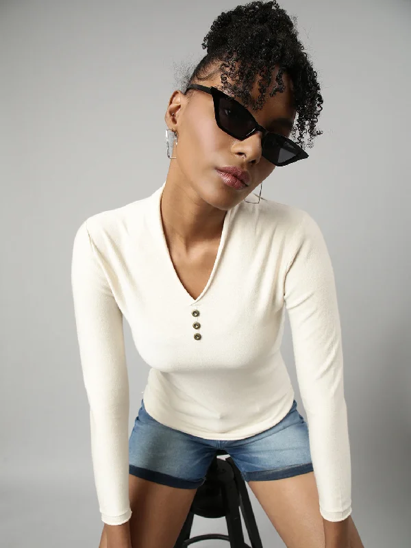 Weekend Savings Fiesta Women Cream Solid Fitted Top