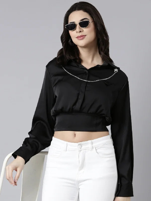 Weekend Deals That Excite Women Solid Black Blouson Top Comes with Neck Chain