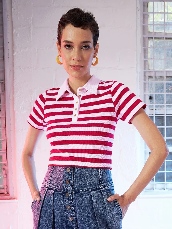 Value Pack Women Red & Pink Stripes Crop Polo T-Shirt