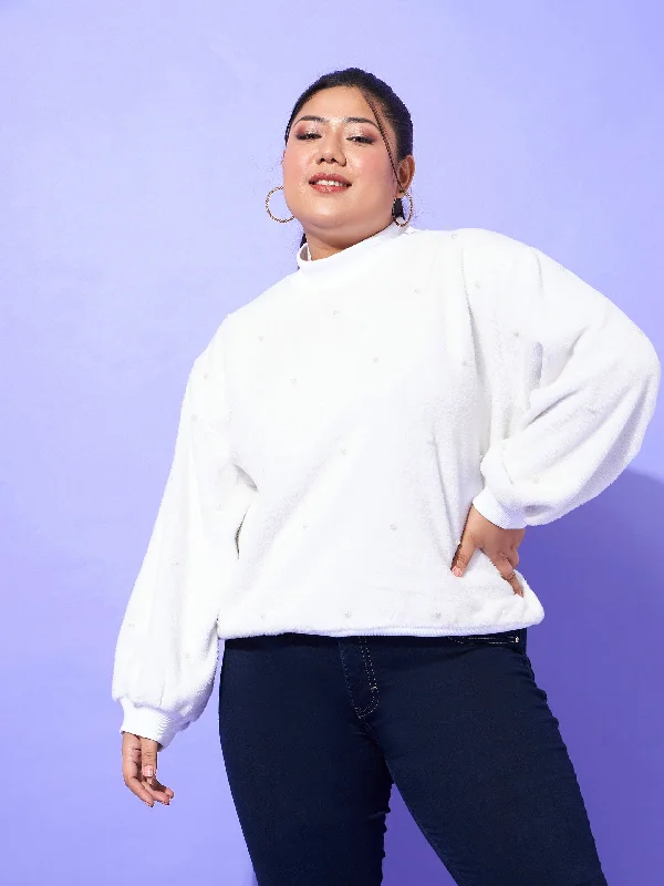 Unwind with Weekend Discounts Women White Fleece Fur Pearl Detail Sweatshirt