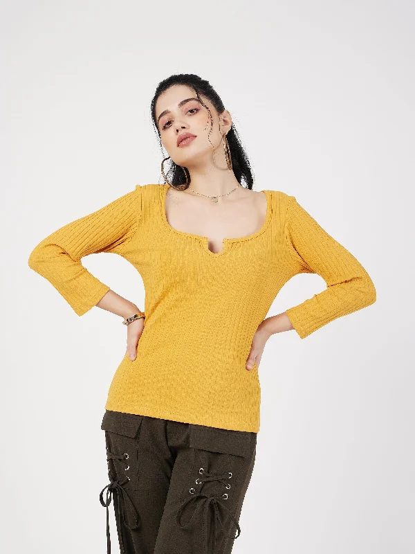 Markdown Sale Women Yellow Rib V-Neck Top