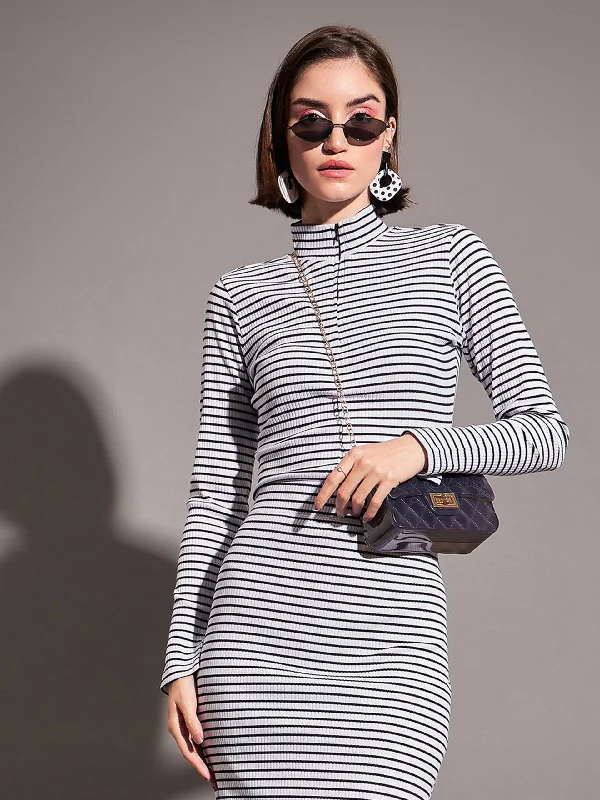 Top Pick Women Black & White Striped Rib High Neck Front Zipper Top