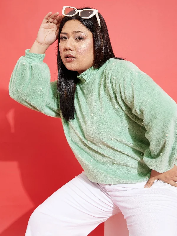Overstock Clearance Women Green Fleece Fur Pearl Detail Sweatshirt