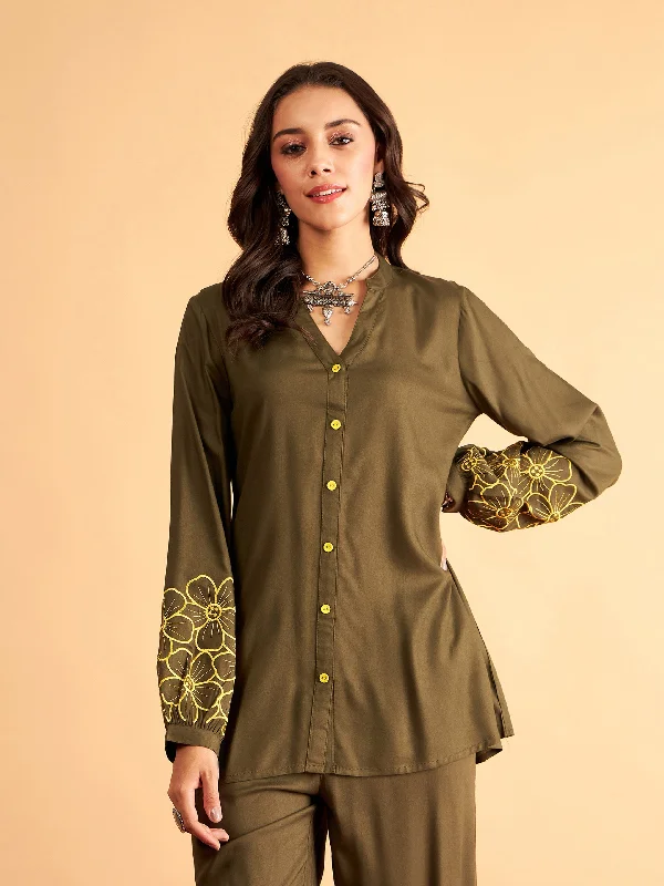 Weekend Savings Spectacle Women Olive Rayon Full Sleeves Embroidered Shirt