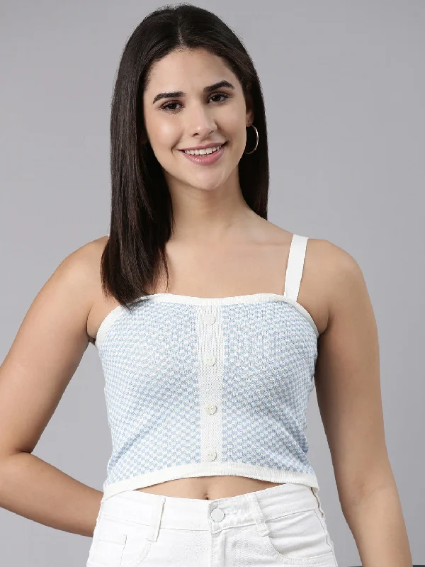Weekend Offers That Excite Shoulder Straps Checked Sleeveless Blue Crop Tank Top