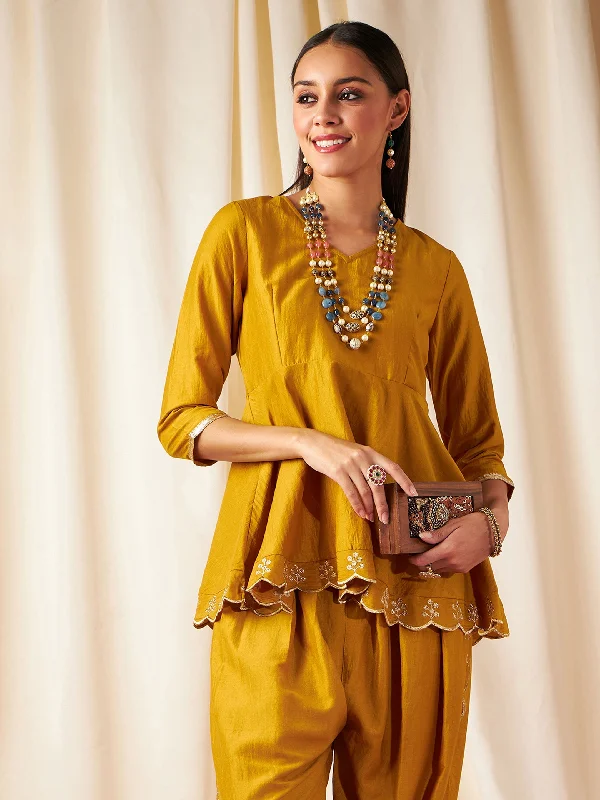 Weekend Bargains Await You Women Mustard Zari Embroidered Peplum Top