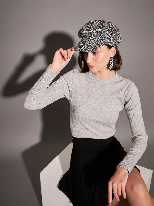 Weekend Savings Delight Women Grey Rib High Neck Top