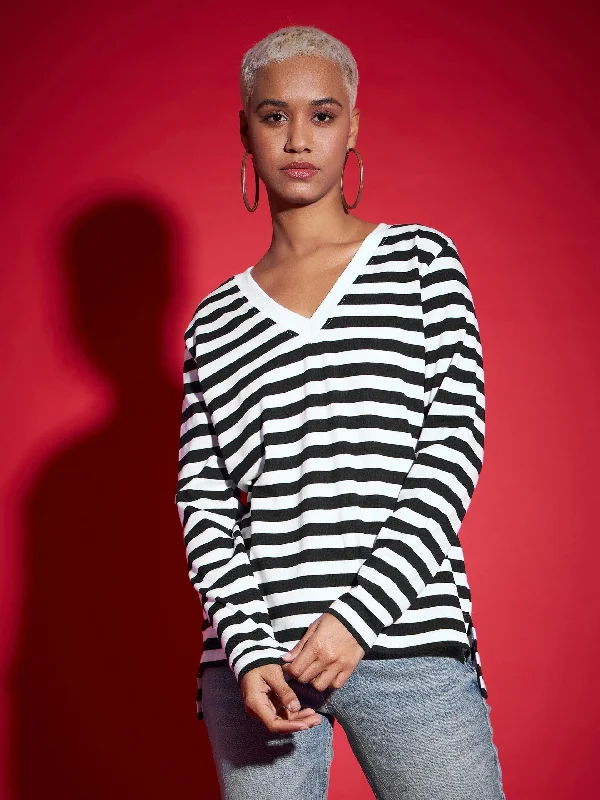 Weekend Bargains Await You Women Black & White Striped Sweater