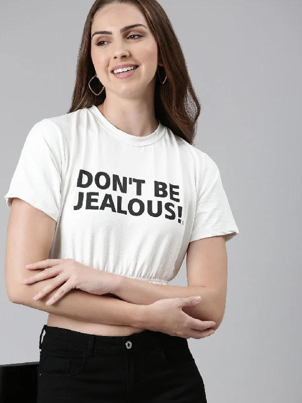 Time-Limited Offer Round Neck Regular Sleeves Typography Cinched Waist White Crop Top