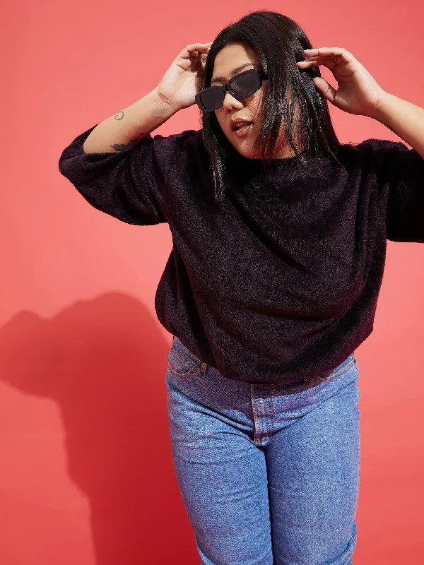 Great Deal Women Black Fleece Fur High Neck Sweatshirt
