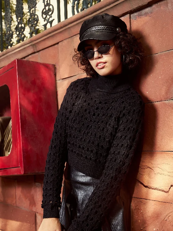 Weekend Offers That Shine Women Black Crochet Crop Sweater Top