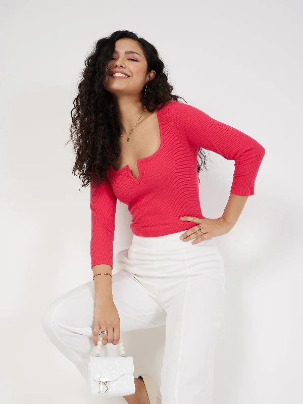 Weekend Savings Spectacle Women Magenta Rib V-Neck Top