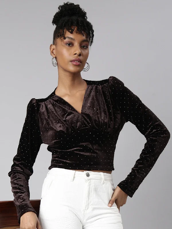 Shop and Save Women Brown Solid Empire Crop Top