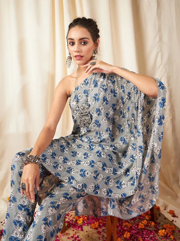Weekend Discounts to Celebrate Women Grey Floral One Shoulder Kaftan Top