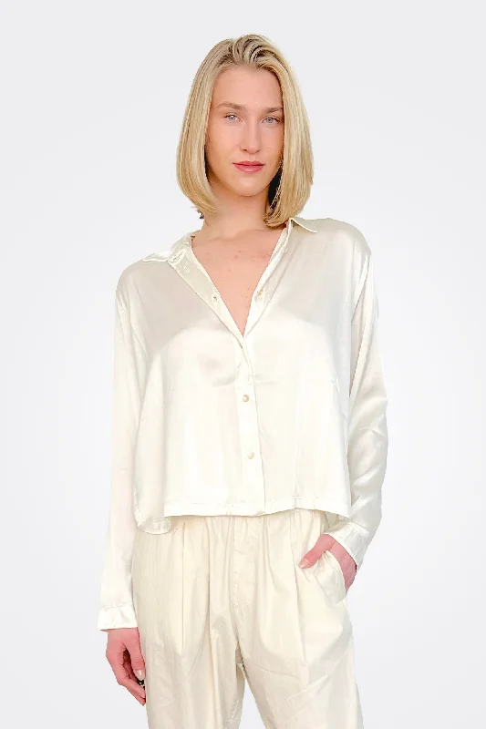 Weekend Bargains to Enjoy Long Sleeve Stretch Silk Satin Shirt - Ivory