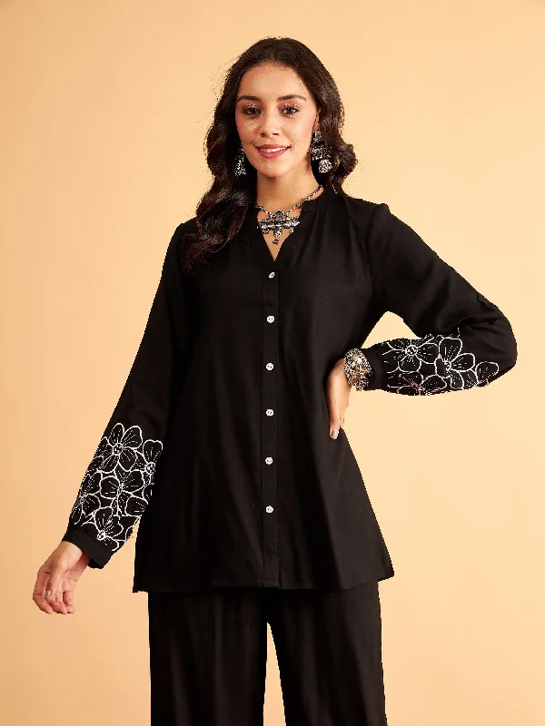 Weekend Offers That Please Women Black Rayon Full Sleeves Embroidered Shirt