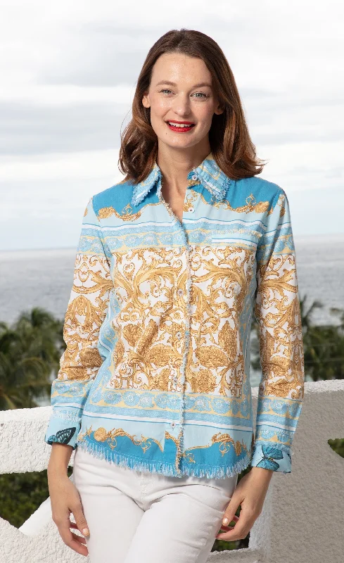 Weekend Bargains to Sizzle Cape Cod Top Blue And Gold Scroll Print