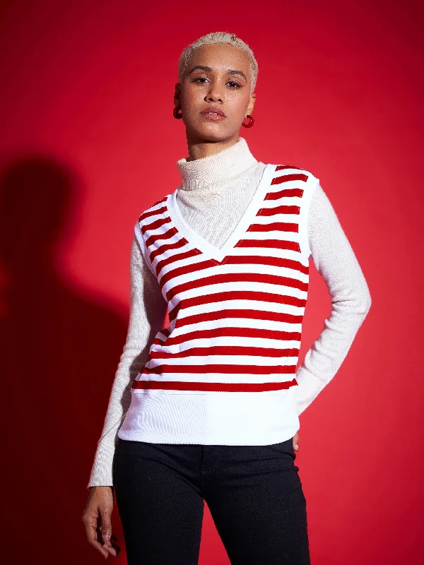 Weekend Shopping Made Better Women Red & White Striped V-Neck Sleeveless Sweater