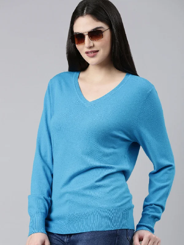 Quick Sale V-Neck Solid Blue Fitted Regular Top