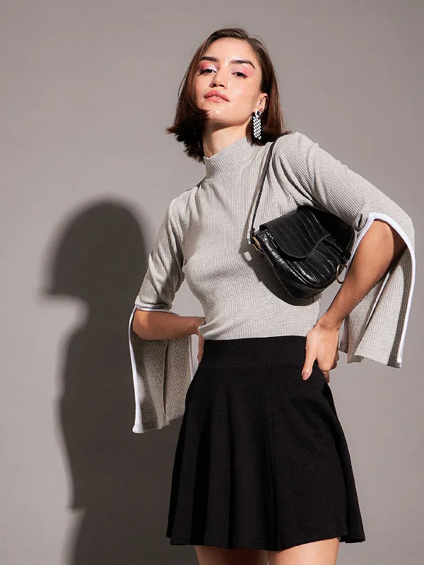 Weekend Offers That Sizzle Women Grey Rib High Neck Bell Sleeves Top