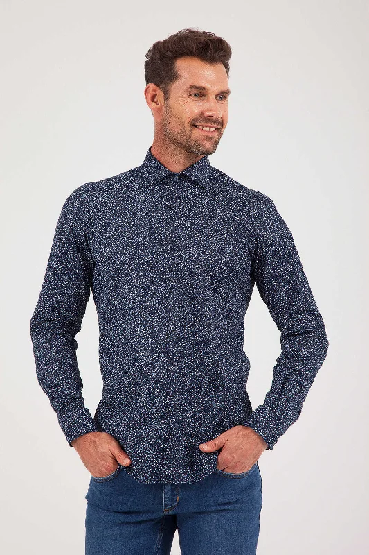 Limited Offer Slim Fit Long Sleeve Printed Cotton Blend Dress Shirt, Navy B.