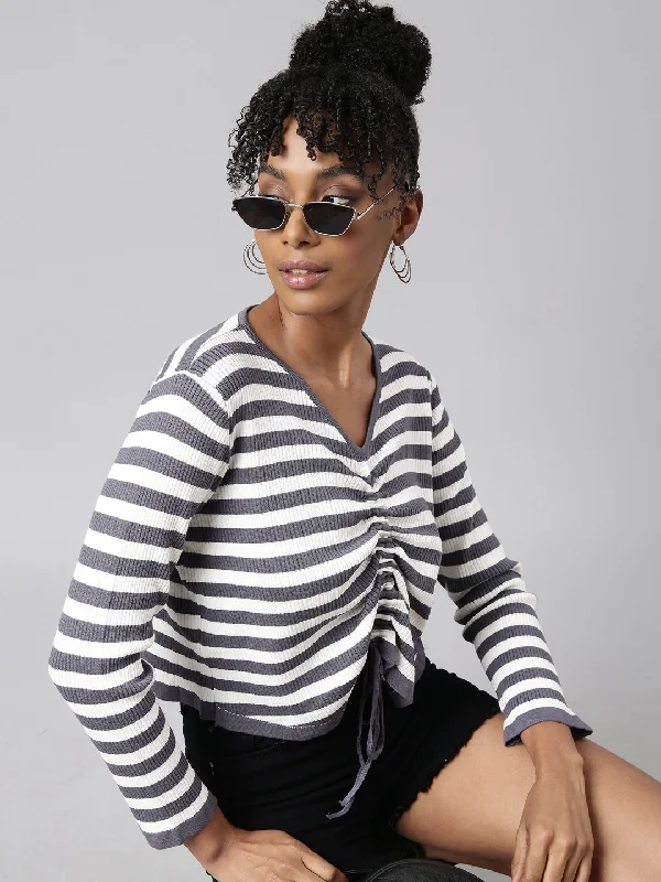 Weekend Deals That Wow Women Grey Horizontal Stripes Top