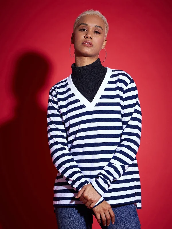 Weekend Savings Delight Women Navy & White Striped Sweater